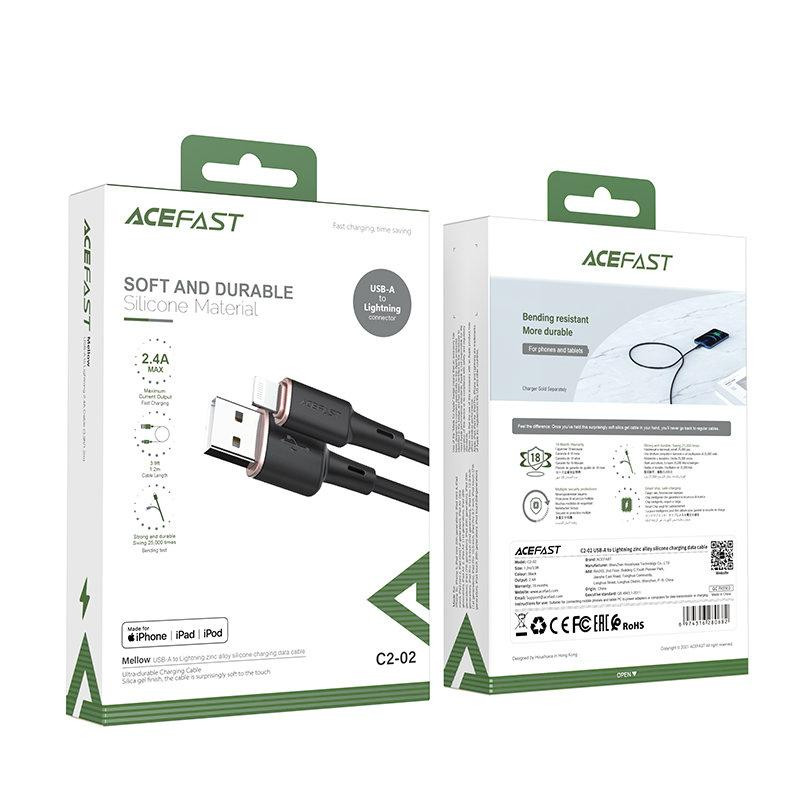 Кабель ACEFAST C2-02 USB - Lightning 2.4A, 1.2m, силіконовий, zinc конектори, колір чорний AFC2-02B Одеса - фото 2