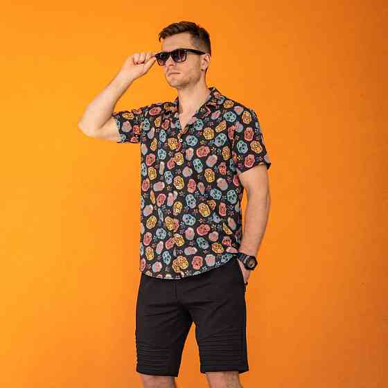 Мужская рубашка c коротким рукавом черная Pobedov Kolorovi cherepy Киев