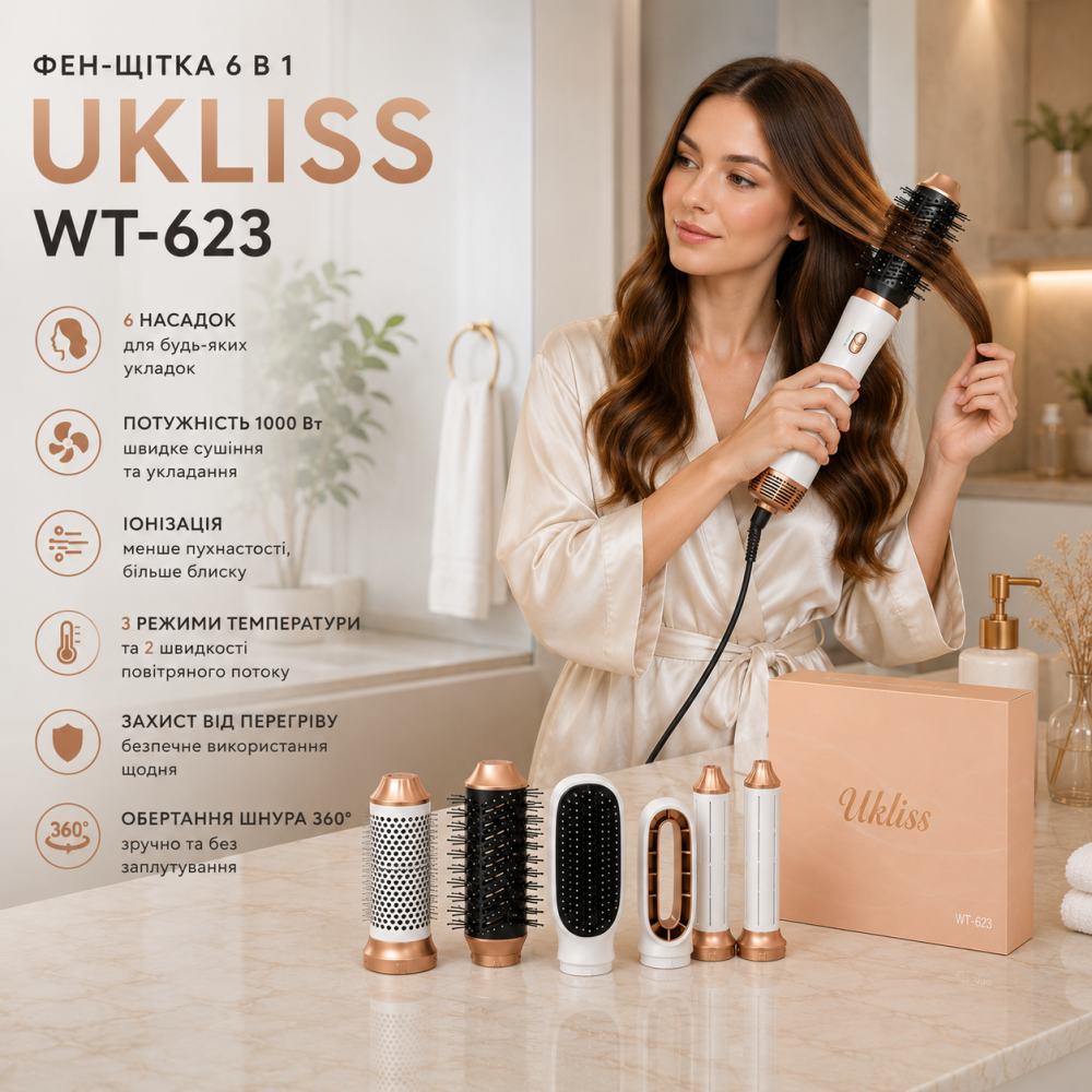 Фен-щітка UKLISS WT-623 6 в 1, стайлер для волосся 1000 Вт фен браш, мультистайлер з насадками для сушіння, завивки та випрямлення Київ - фото 10