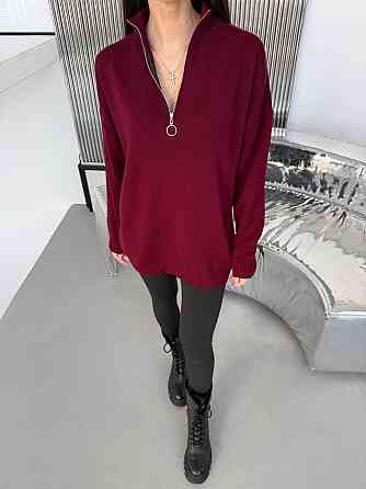 Жіночий стильний подовжений оверсайз светр зі змійкою в'язання 50% котон/50% акрил Бургунді Одеса