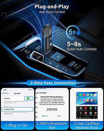 Бездротовий автомобільний адаптер CarPlay Android Auto ESSGOO 2-в-1, підтримка iOS 10+ і Android 11+ Київ - фото 5