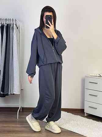 Жіночий прогулянковий оверсайз костюм-двійка: кофта та штани двонитка Графіт Одеса