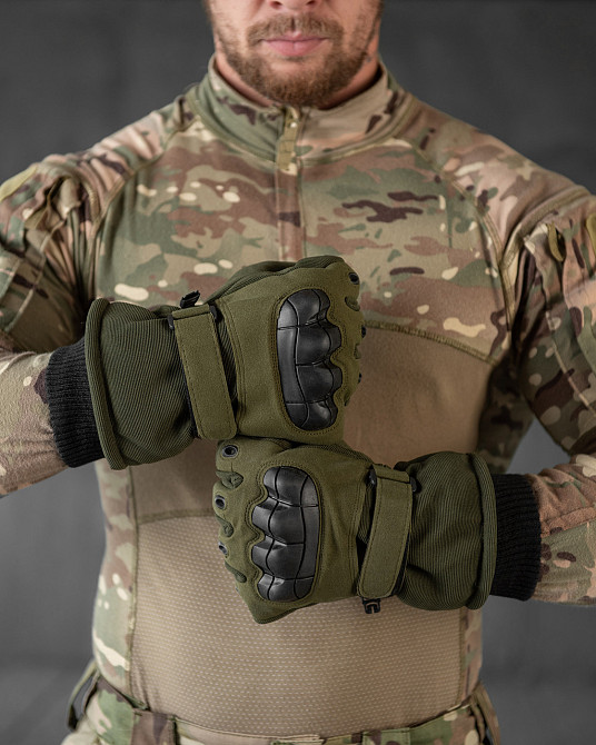 Чоловічі тактичні рукавички зимові з кісточками олива на затяжці з гумкою на хутрі Одеса - фото 3