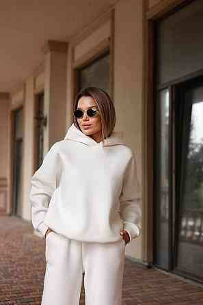 Костюм oversize турецкая трехнить на флисе, худые и широкие брюки, молочный, размер 42/46 Лубны