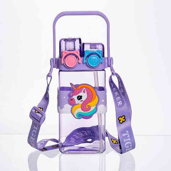 Пляшка для води дитяча з трубочкою 550 мл з ручкою та ремінцем 19 см Фіолетовий HP-18-3V Київ