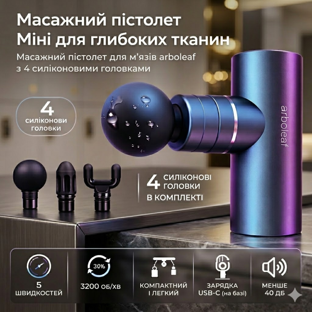 Масажний пістолет arboleaf Mini перкусійний для м'язів, 5 швидкостей, до 3200 об/хв, USB Type-C, 4 силіконові насадки, Grey Київ - фото 1
