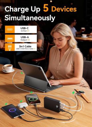 Power Bank LKOYY 27000 мАг, швидка зарядка, USB-C, 2×USB-A, LCD-дисплей, кабель 3-в-1, чорний Київ