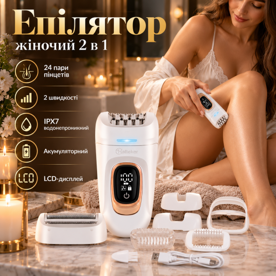 Епілятор жіночий 2 в 1 з бритвою, 24 пари пінцетів, LCD-дисплей, 2 швидкості, IPX7, акумуляторний Київ