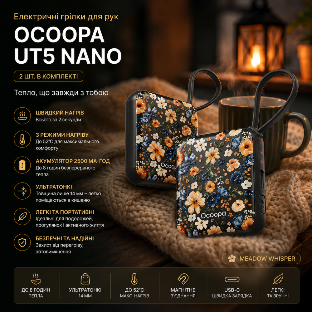Електричні грілки для рук OCOOPA UT5 Nano 2 шт. | Акумуляторні, ультратонкі 14 мм, швидкий нагрів 2 с, 3 режими до 52°C, Meadow Wh Київ - фото 9