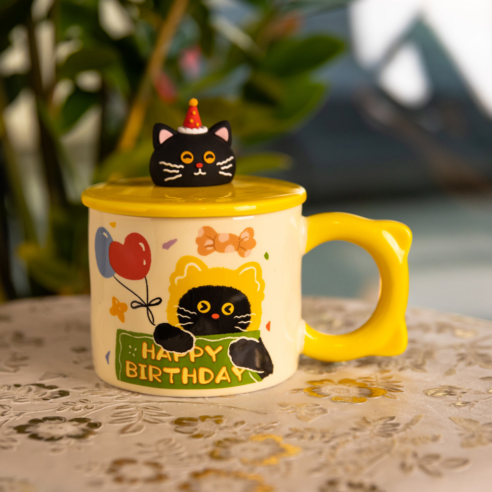 Yiwu Чашка порцелянова з кришкою Kitten's Birthday 400 (мл) подарункова кружка прикольна чашка Коломия - фото 1