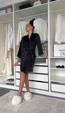 Женский халат на запах с кружевом велюр Черный, 48/52 Одесса