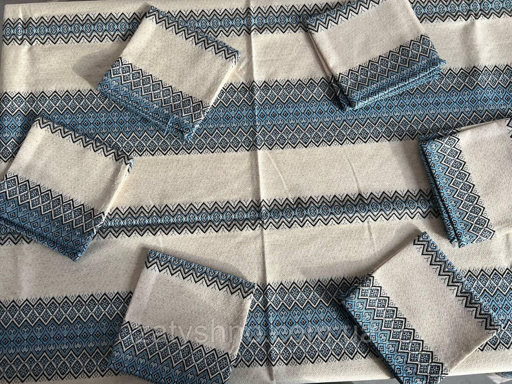 Блакитна вишита скатертина з серветками на льону Київ - фото 7