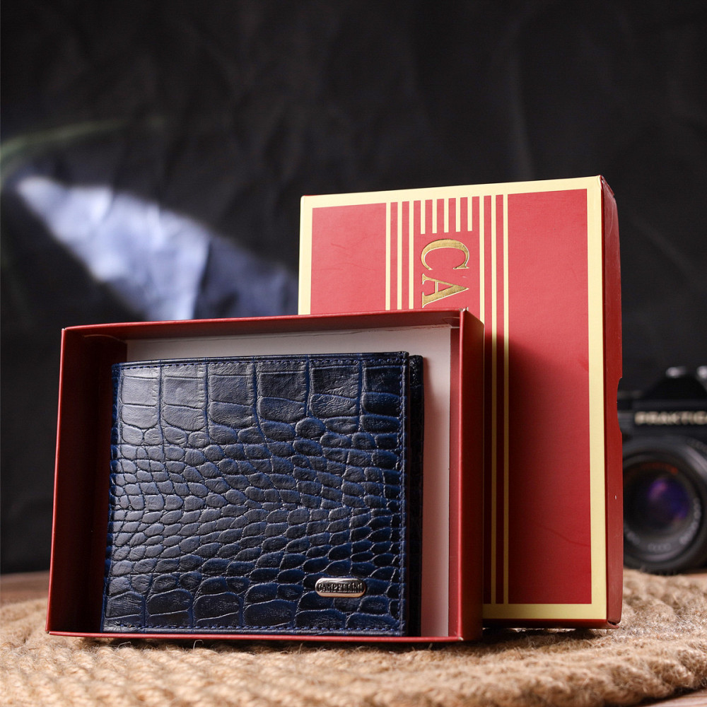Стильний гаманець для чоловіків у два складення з натуральної шкіри з тисненням під крокодила CANPELLINI 21580 Синій Київ - фото 10