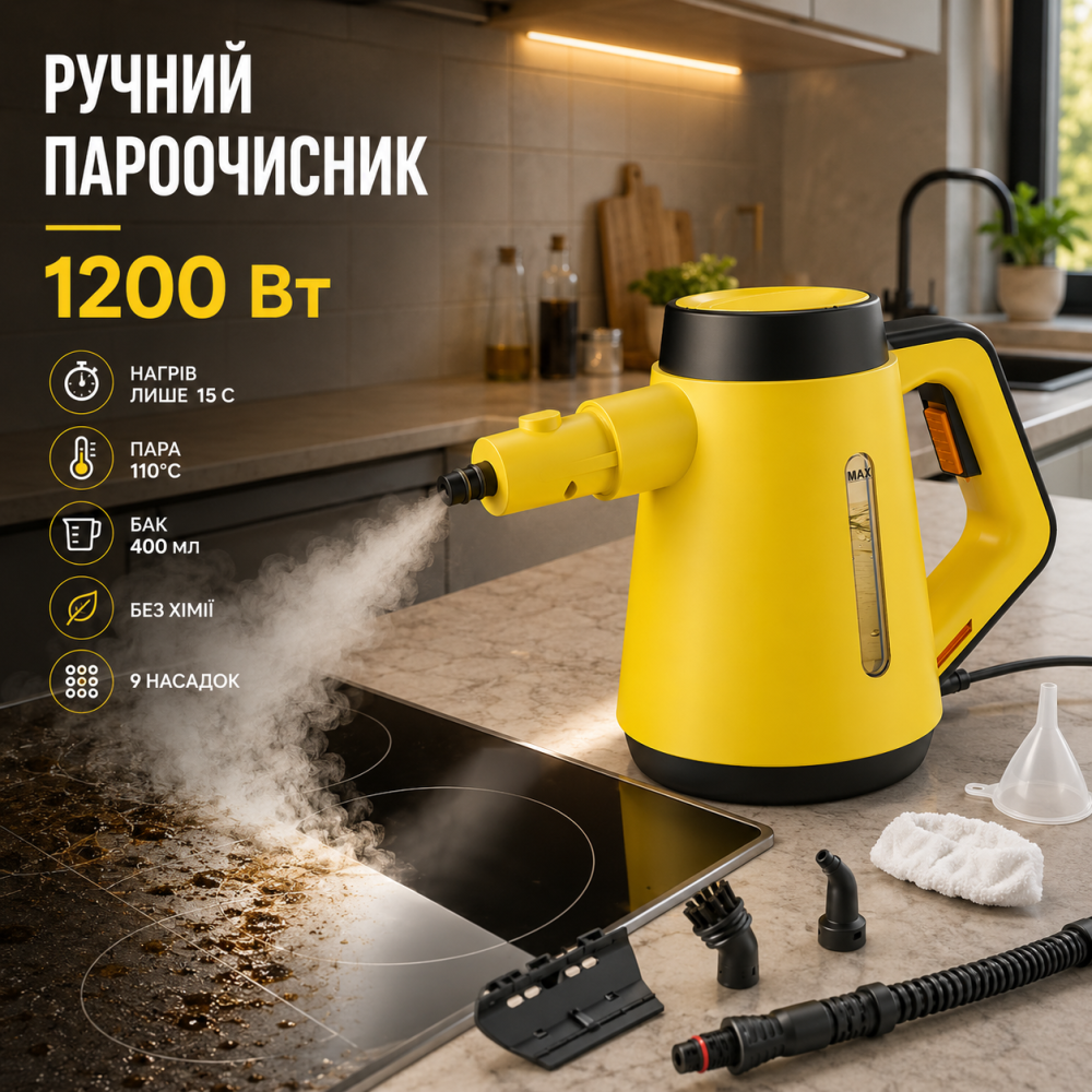 Ручний пароочисник Fippesax EM-319 1200 Вт, 400 мл, 110°C, швидкий нагрів 15 с, 9 насадок, без хімії Київ - фото 7