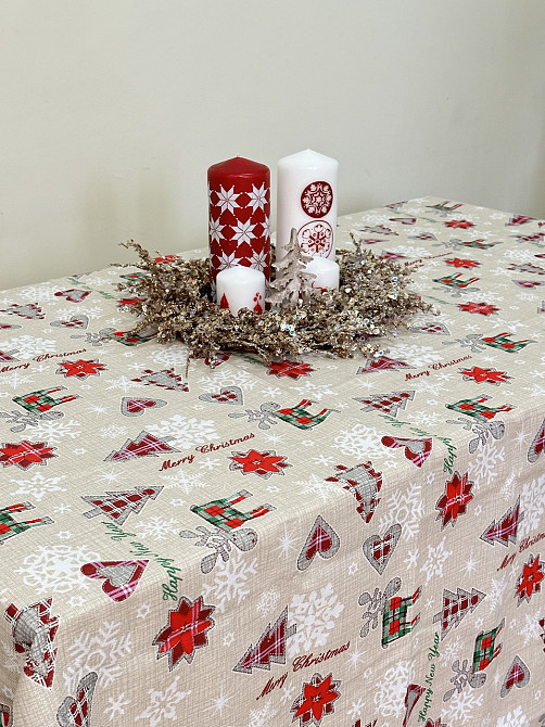 Ecotton Скатертина Ecotton 150х220 см Новорічна Новорiчнi iграшки бежево-червона Киев - изображение 1