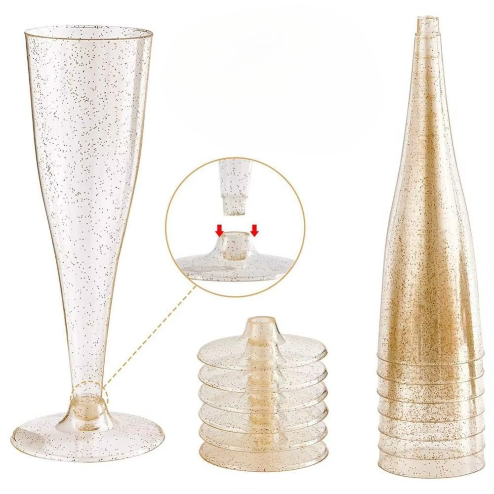 Набор пластиковых бокалов для шампанского 6 шт премиум класса 133 мл,праздничные с золотистыми блестками Каменец-Подольский - изображение 5