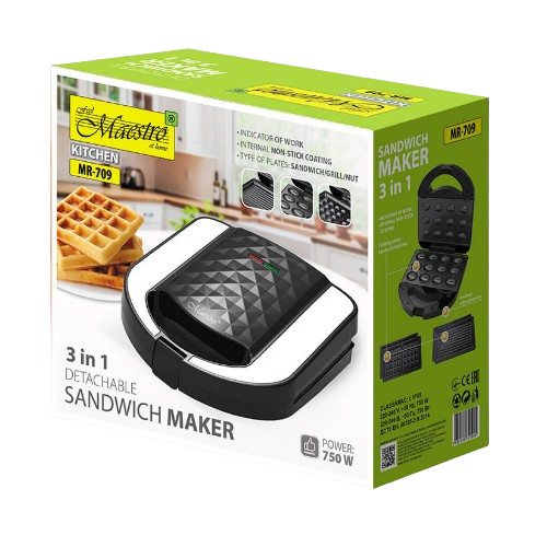 Бутербродниця 750W 3 змінних плити (вафлі/гриль/горіх) MR-709 Maestro Житомир - изображение 6
