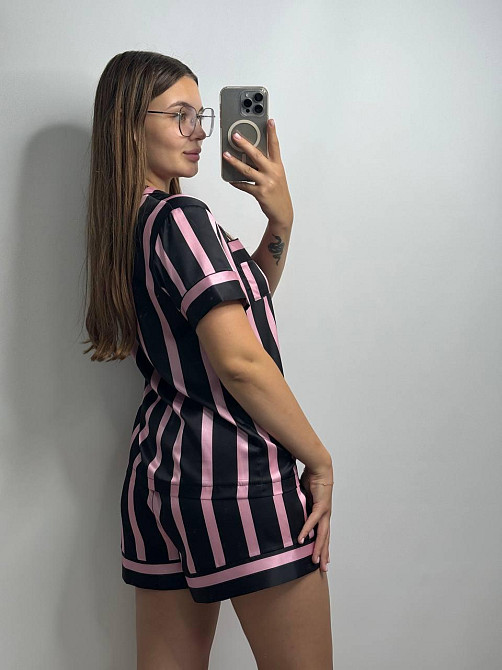 Женская пижама сатиновая Черно-розовый полоска XL-2XL Харьков - изображение 2