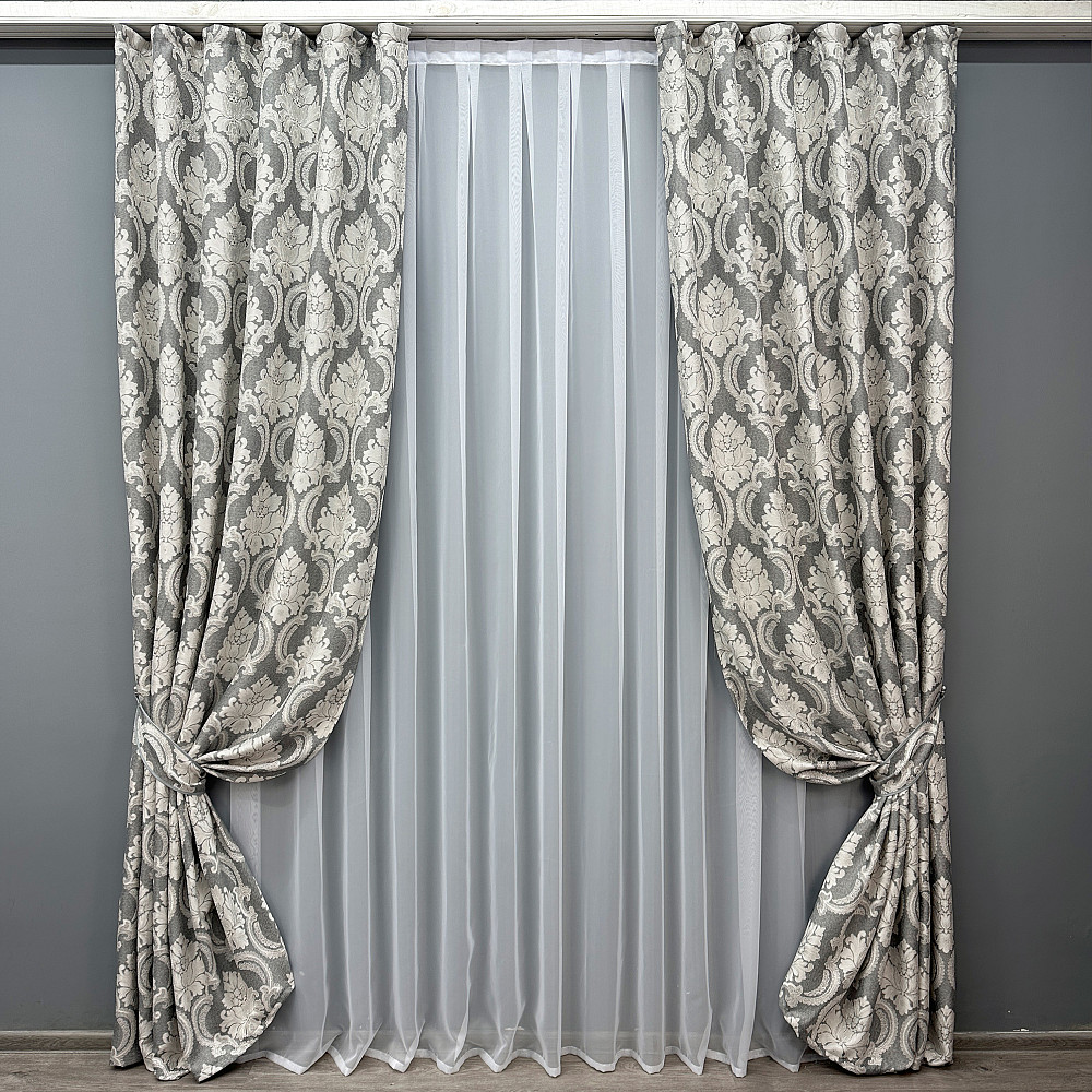 Комплект готовых штор VR-Textil Лен Корона Мария № 1266ш Графитовый с светло-бежевым 130х270 см 2 шт (39-0032) Киев - изображение 2