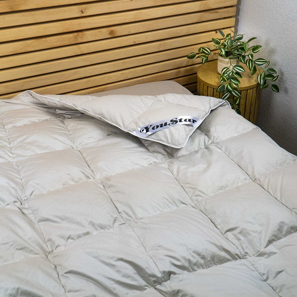 Ексклюзивна пухова Касетна Полуторна ковдра преміум якості YouStar 100% гусячий пух, Сатин, розмір 145х205 см (Бежевий) Суми - фото 5