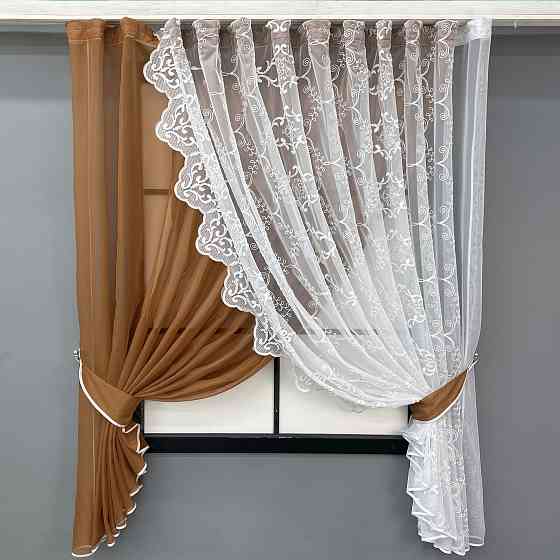 Кухонные шторки VR-Textil № 101к с подвязками коричневый с белым 330х170 см (52-1197) Киев