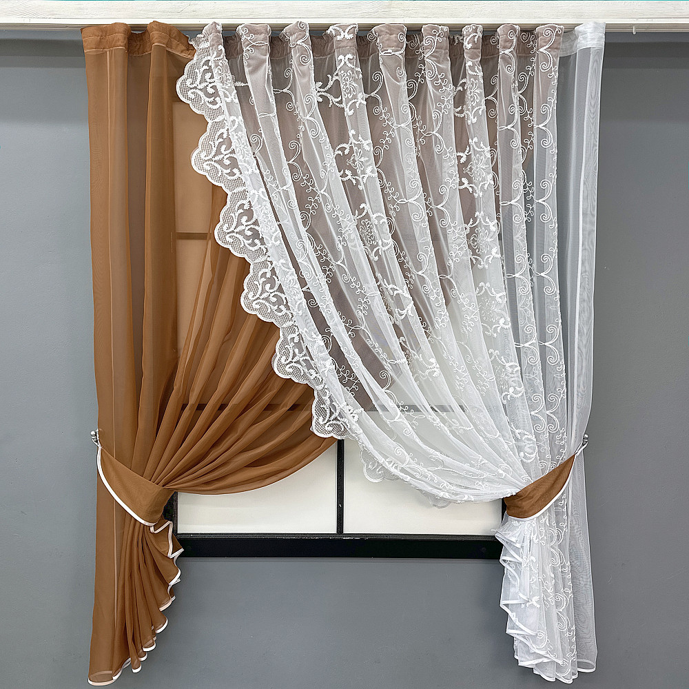 Кухонні шторки VR-Textil № 101к з підв'язками коричневий з білим 330х170 см (52-1197) Київ - фото 1