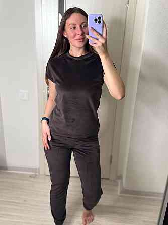 Женский домашний костюм тройка: футболка брюки + шорты плюш-велюр Темный шоколад, 46/48 Одесса