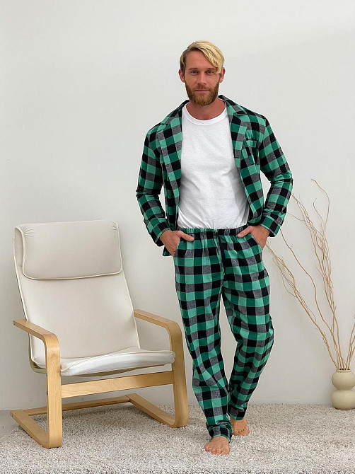 Піжама чоловіча COSY з фланелі (штани + сорочка + футболка) клітинка зелена/чорна L 2XL Київ - фото 1