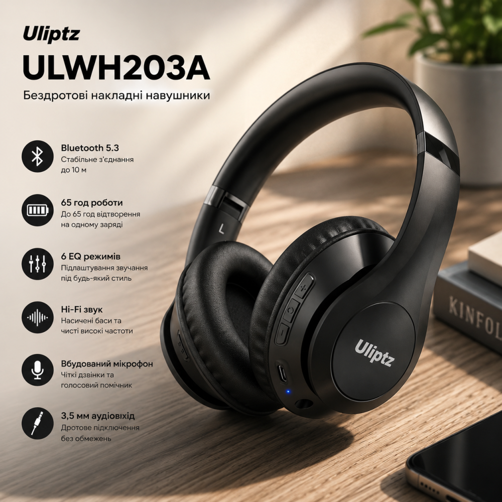 Беспроводные накладные наушники Uliptz ULWH203A Bluetooth 5.3, 65 часов, 6 EQ, Hi-Fi, микрофон, 3,5 мм, черные Киев - изображение 9