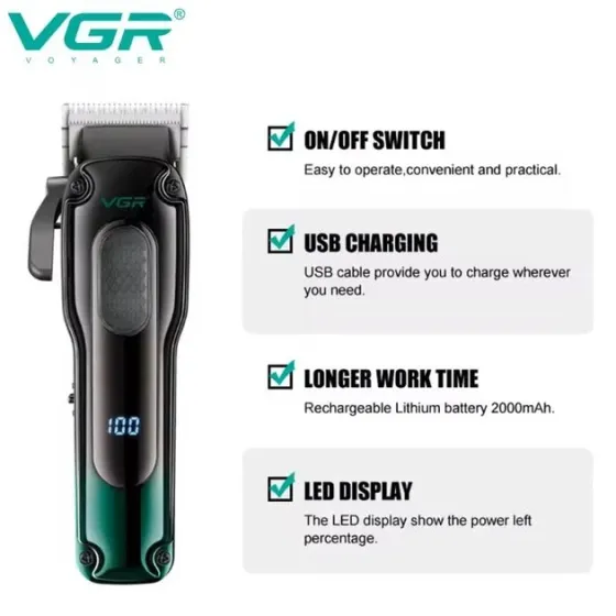 Професійна машинка для стрижки VGR V-013 Blue: акумуляторний тример 6500 об/хв, 7 Вт, 8 насадок та LED-дисплей Одеса