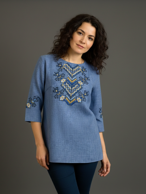 Вишита вишиванка жіноча на 3/4 рукав в кольорі джинс з гарною вишивкою Київ - фото 2