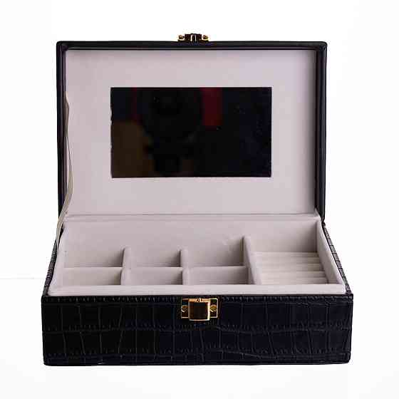 Скринька для прикрас з еко шкіри 10 відділень з дзеркалом 20×14×8 см Чорний HP-5-19B Коломыя