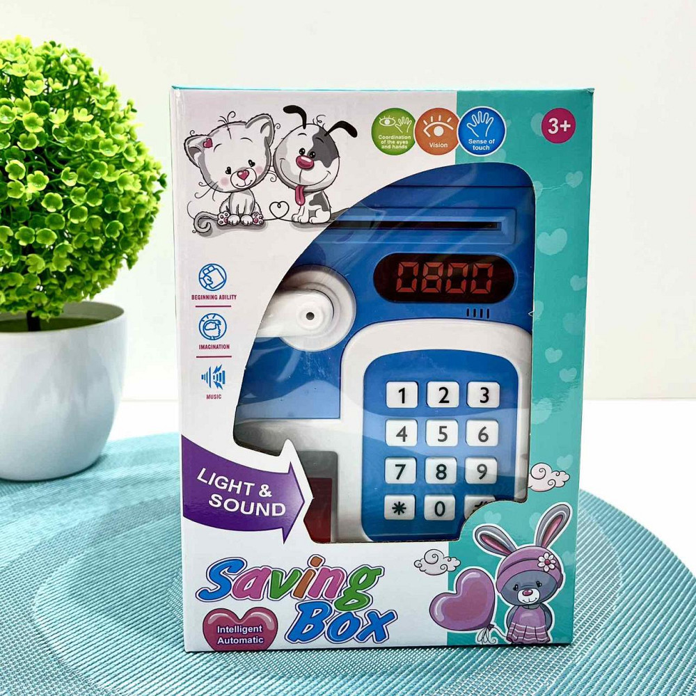 Сейф-скарбничка дитяча зі сканером відбитка пальця та кодовим замком затягує купюри звук підсвічування Синій (MK 5411) Чернігів - фото 1