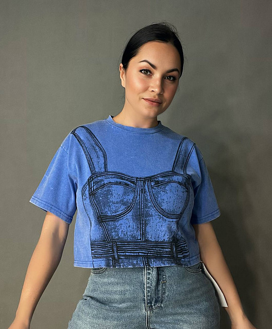 Футболка женская A-N 2732 вареная короткая широкая рисунок корсет бра, синий, one size Киев - изображение 1