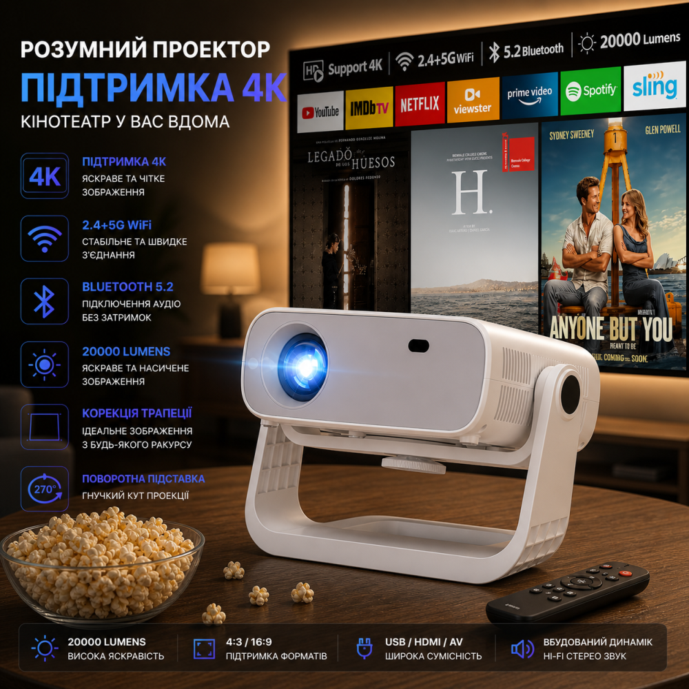 Проектор Wielio AT-M269A Full HD Wi-Fi Bluetooth Новий розумний проектор 2025 року, вбудовані додатки, Android 11 Київ - фото 1