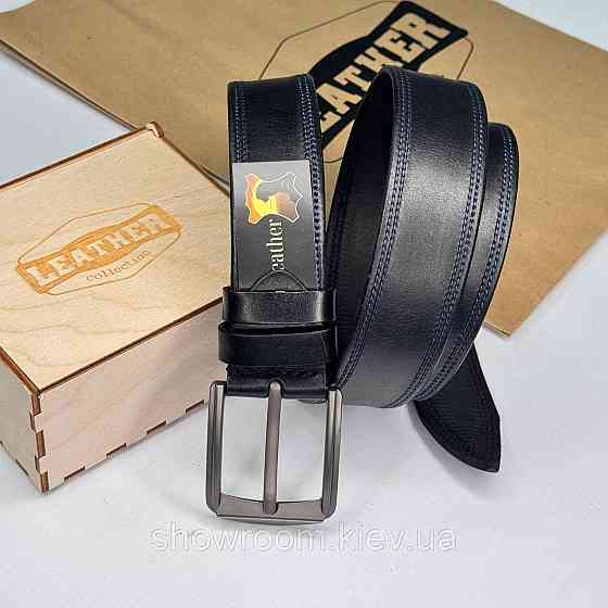 Стильный мужской кожаный ремень Leather Collection с синей отделкой (7817-1) Киев