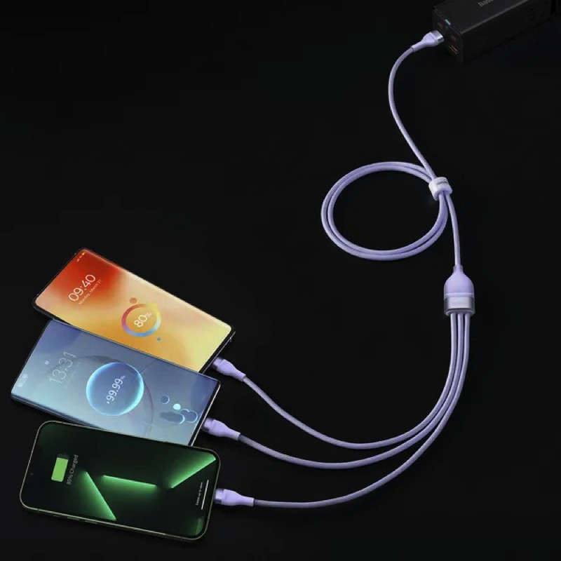 Кабель Baseus Flash Series Ⅱ One-for-three Fast Charging Data Cable USB to M+L+C 66W 1.2m Purple Киев - изображение 9