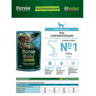 Влажный корм для кошек Monge BWild Cat Free Wet Sterilized тунец с креветками 85 г (8009470012799) Винница - изображение 5