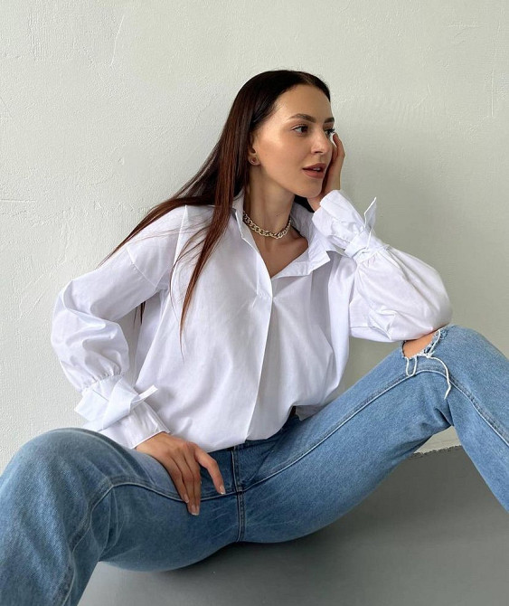 Белая хлопкова рубашка с акцентными рукавами, 42-44 Лубны - изображение 4