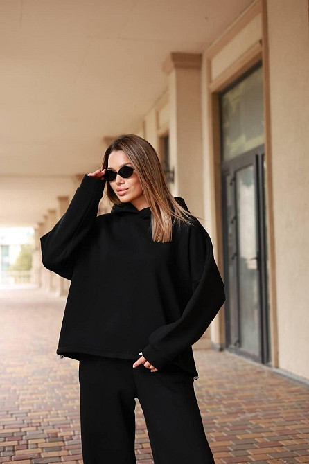 Костюм oversize турецкая трехнить на флисе, худые и широкие брюки, черный, размер 42/46 Лубны - изображение 6