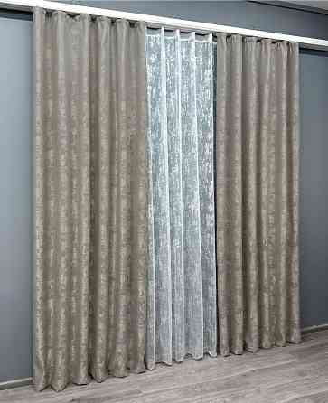 Комплект штор VR-Textil Жаккард Мрамор 150х270 2шт и Тюль 600х270 1143ш-1400т Капучино с белым 71-004/5 Киев