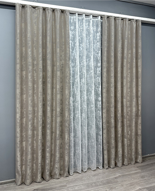 Комплект штор VR-Textil Жаккард Мрамор 150х270 2шт и Тюль 600х270 1143ш-1400т Капучино с белым 71-004/5 Киев - изображение 3