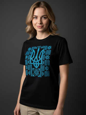 Женская Патриотическая женская футболка черного цвета с синим Тризубом M Киев