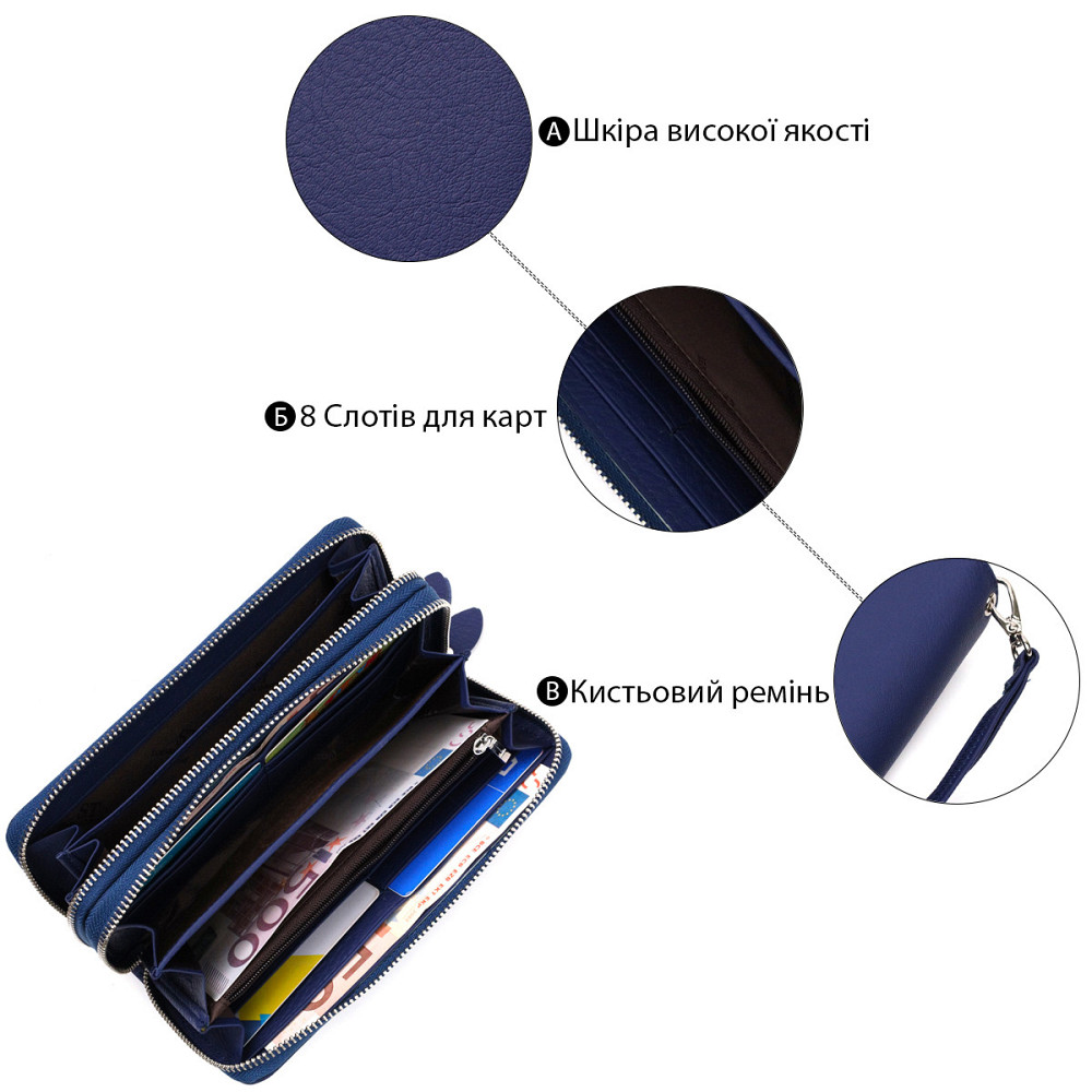 Вместительный женский кошелек-клатч с двумя отделениями на молниях ST Leather 19431 Синий Киев - изображение 6