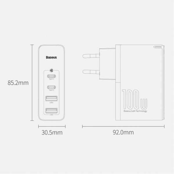 Зарядний пристрій 4xUSB 100W GaN (2xUSB-C+2xUSB-A) Чорний Baseus (CCGAN2P-L01) Київ - фото 8