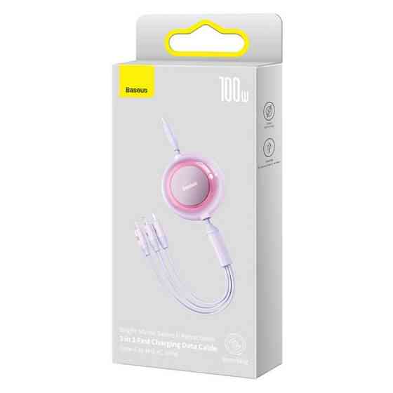 Кабель Baseus Bright Mirror 2 Series Retractable 3-in-1 Fast Charging  Data Cable Type-C to M+L+C 100W 1.1m Purple Київ