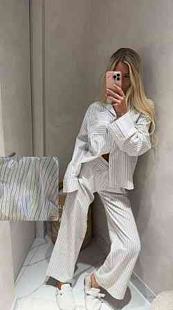 Жіноча смугаста піжама-двійка з льону Білий Одеса