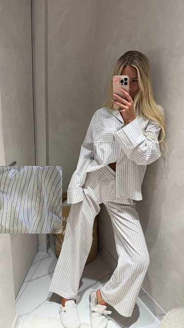 Женская полосатая пижама двойка из льна Белый Одесса - изображение 2