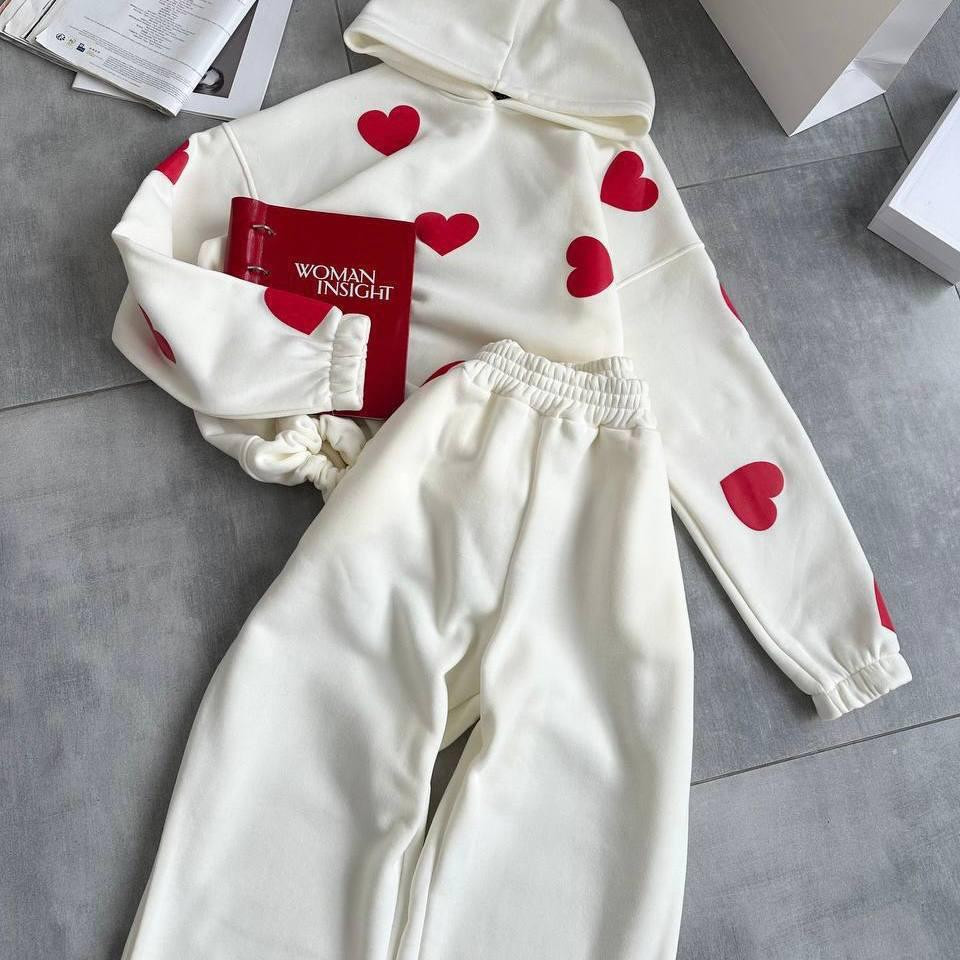 Жіночий теплий костюм-двійка з сердечками тринитка на флісі Молочний, 48/52 Одеса - фото 1