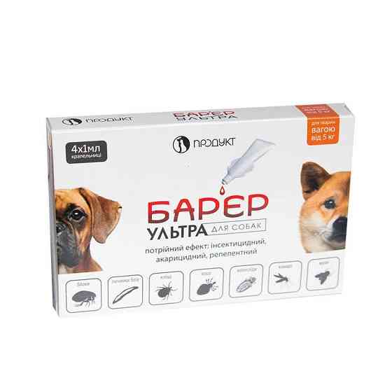 Барьер Ультра капли от блох и клещей для собак 5 - 10 кг (4 ампулы х 1 мл), Продукт (срок до 08.2026 г) Винница